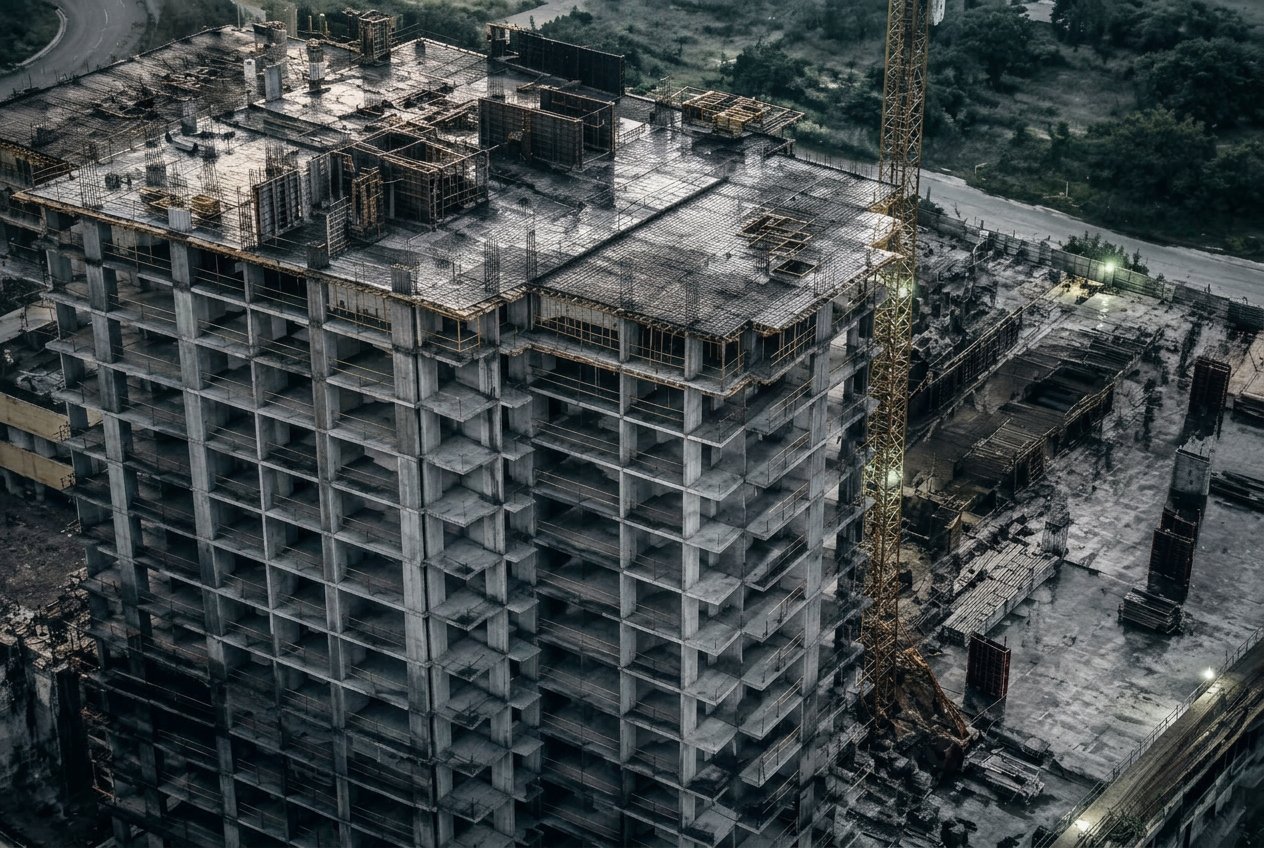 Illustrative aerial view of a high-rise concrete structure and tower cranes